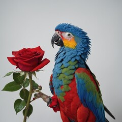 Obraz premium A vivid, multicolored parrot with a bright blue tail, holding a red rose between its claws, all captured on white.