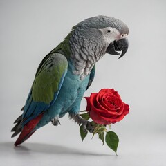 Obraz premium A playful parrot holding a single rose petal in its beak, feathers reflecting light against a bright white background.