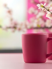 Obraz premium Soft pink mugs bask in gentle sunlight near blooming branches. AI Generated