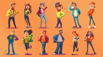 An illustration of 10 cartoon people in different poses and outfits.