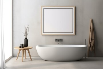 Modern and minimalist bathroom interior with blank canvas, bathtub, wooden furniture, and natural light