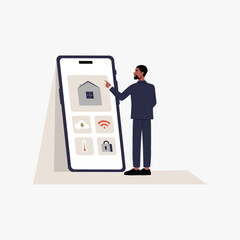 Man controlling smart home app on large smartphone in flat vector illustration symbolizing home security, mobile technology, and convenience, isolated on white background.