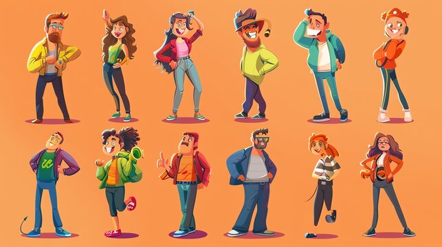 An illustration of 10 cartoon people in different poses and outfits.