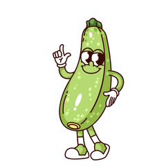 Groovy zucchini cartoon character walking with happy face. Funny retro squash with finger up. Vegetarian food ingredient mascot, cartoon cute zucchini sticker of 70s 80s style vector illustration