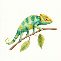 Fototapeta premium Colorful chameleon perched on a branch surrounded by green leaves in a tranquil setting. Generative AI