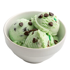 bowl of mint chocolate chip ice cream on transparent background