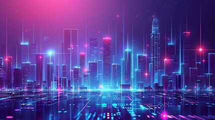 Obraz premium A digital rendering of a futuristic cityscape lit up with neon lights and lines.