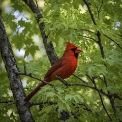 A cardinal nesting among bright green leaves in a maple tree during autumn.