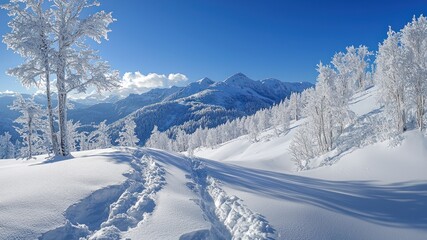 Snow-covered landscape with mountain backdrop.