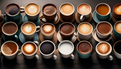 Top view od many coffee cups on dark table. Generated image