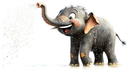 Fototapeta premium A cartoon elephant is standing in a pool of water, spraying water with its trunk. generated using AI