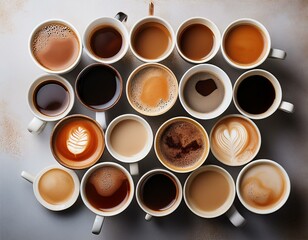 Top view of many hot coffee cups on a table Generated image