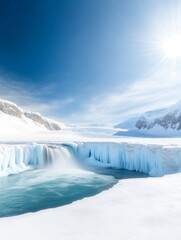 Fototapeta premium Stunning glacial waterfall brilliantly illuminated by bright sunlight winter landscape. AI Generated