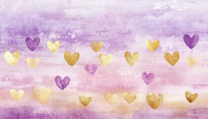 Watercolor gradient in soft shades of lavender pink and gold with heart motifs