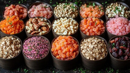 Assorted Dried Fruits, Nuts, Seeds, and Grains in Bowls