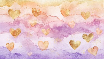 Watercolor gradient in soft shades of lavender pink and gold with heart motifs