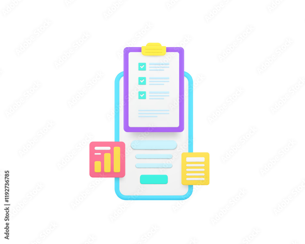 Poster time management to do list smartphone application 3d icon realistic vector illustration. productivit
