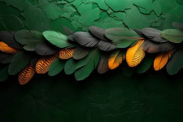 Photo sur Plexiglas bold feathers with tropical-inspired patterns in vibrant greens, yellows, and oranges