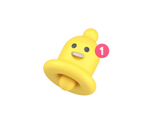 Ring bell incoming notification comic emoticon character 3d icon realistic vector illustration. Internet message reminder alertness funny emoji smiley inbox sound alert alarm jingle ringer