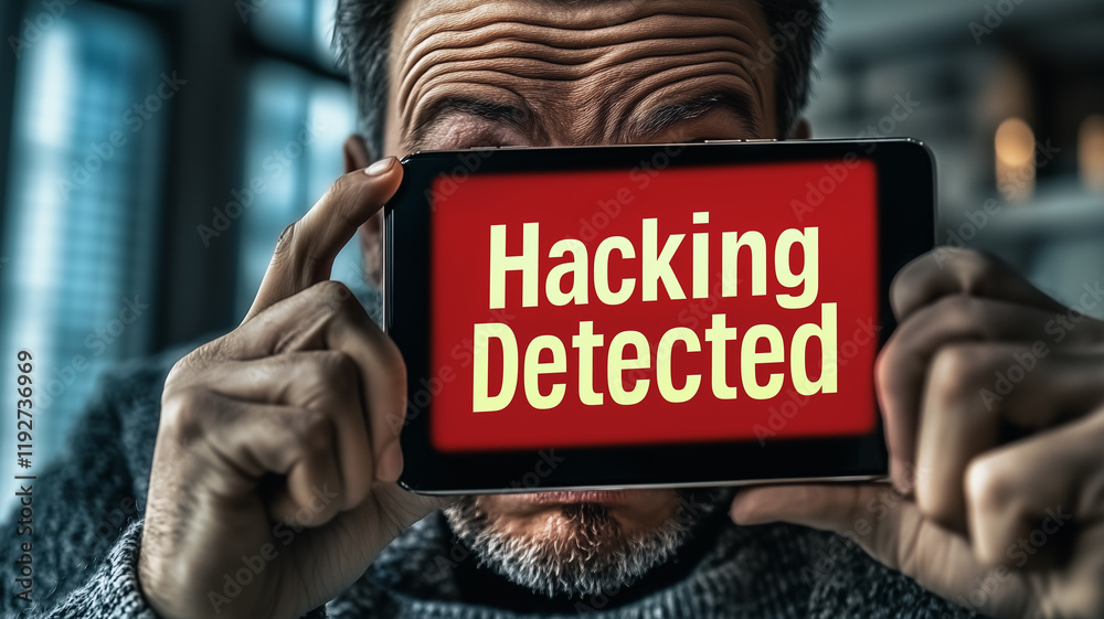 Poster hacking detected: a close-up shot of a man's face, obscured by a tablet displaying a warning message