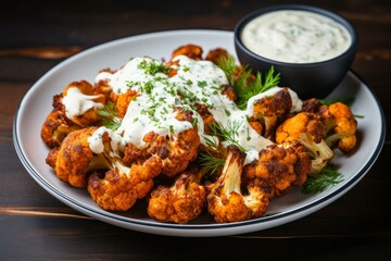Delicious roasted cauliflower steaks seasoned with spices and herbs, topped with a creamy white sauce, served on a plate