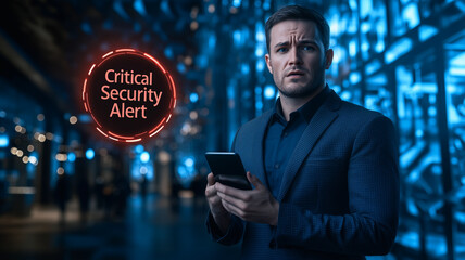 Cybersecurity Emergency: A concerned businessman receives a critical security alert on his mobile device, his expression reflecting worry and urgency amidst a futuristic, tech-heavy backdrop.