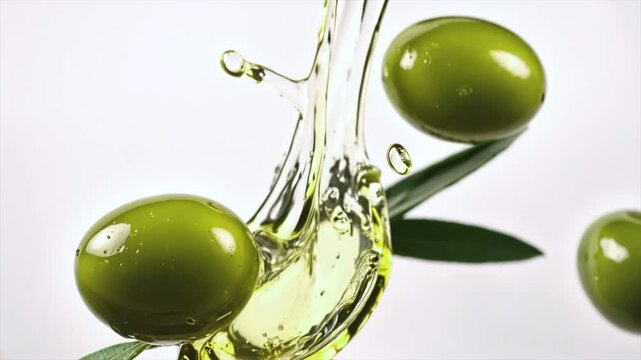 Splash of olive oil with green olives and green leaves on white background close up. 01.