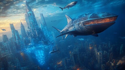 Futuristic cityscape with floating structures and marine life under an illuminated sky.