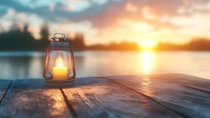 Serene sunset over calm lake; lit lantern on wooden dock; peaceful evening scene perfect for meditation, relaxation, or travel blogs