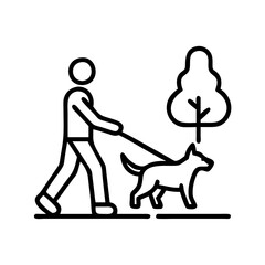person walking dog in park icon, person walking dog in park line art - simple line art of person walking dog in park, perfect for person walking dog in park logos and icons and themed design