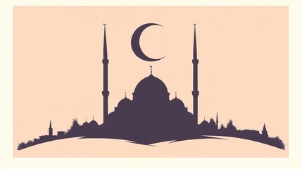 Fototapeta premium Minimalistic Mosque Silhouette Design Featuring Crescent Moon on Soft Pastel Gradient Background for Peaceful and Serene Atmosphere