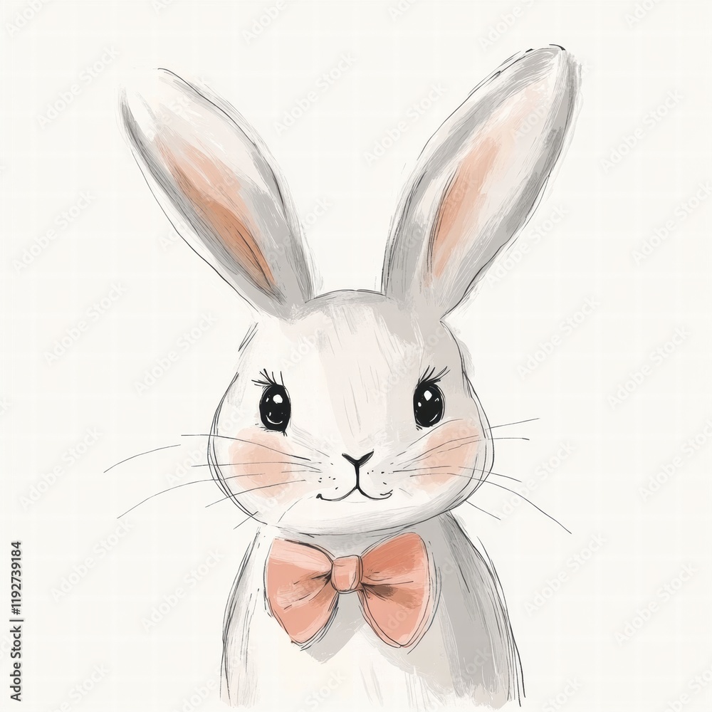 Fototapete charming illustrated rabbit with a soft expression and a delicate bow tie. generative ai
