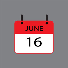Calendar icon with date june 16 on grey background. Vector schedule symbol.