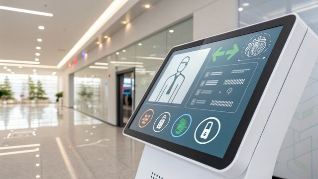A touchscreen kiosk displaying user information in a modern, well-lit hallway of a building.