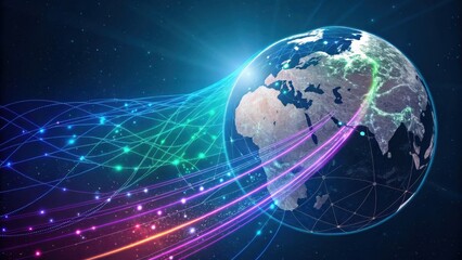 Fototapeta premium A vibrant depiction of Earth surrounded by colorful digital connections, symbolizing global communication and technological advancement.