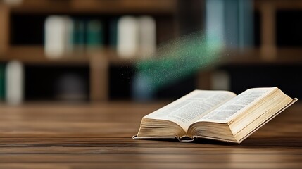 Open Book Rests Gently on Warm Wooden Table Soft Light Illuminates Pages. AI Generated