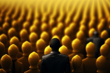 Fototapeta premium Rear view of a businessman standing out from a crowd of anonymous hooded people