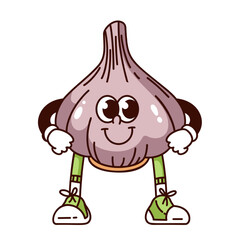 Groovy garlic head cartoon character standing in confident fun pose with smile. Funny retro spicy vegetable with cute face. Food mascot, cartoon garlic sticker of 70s 80s style vector illustration