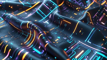 Futuristic fabric design featuring vibrant circuitry patterns in neon colors on a textured surface