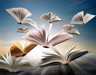 Generated image A group of open books floating in the air