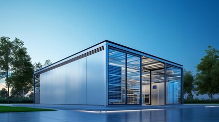Obraz premium Modern energy building boasts sleek design bathed in soft evening light. AI Generated