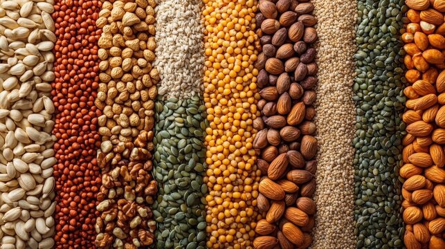 A vibrant collection of diverse seeds, grains, legumes, and nuts arranged in parallel lines, showcasing a rich variety of textures and colors
