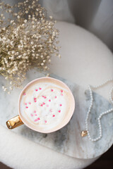 Cappuccino with heart decoration, party morning, Valentine's day, 14 February