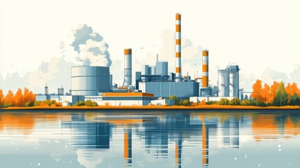 Obraz premium Industrial Landscape with Factory, Chimneys, and Water Reflection Surrounded by Trees on a Clear Day in a Modern Setting