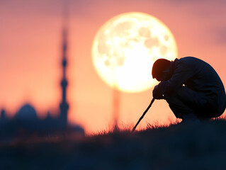 Silhouetted man praying at sunset, large moon and mosque in background; spiritual, religious, faith, hope, peace concept image for websites, articles, or publications