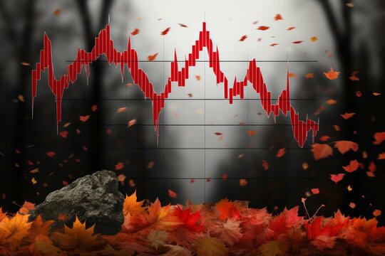 Coal price falling during autumn, showing red stock market graph with downward trend, amidst colorful fallen leaves and dark forest background