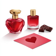 Valentine's Day Elegant Perfume Bottle Placed Next to a Heart Shaped Card Evoking Romance and Sophistication in a Softly Lit Intimate Setting for Gift Giving Valentine's Dayisolate white background