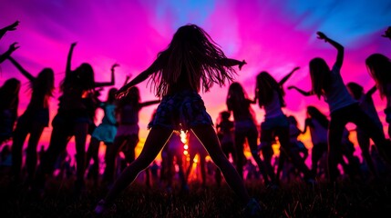 Fototapeta premium A group of friends dancing at sunset