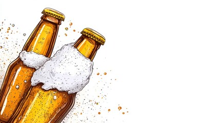 Two Bottles of Craft Beer with Foam and Bubbles on a White Background, Perfect for Beverage Promotions and Celebrations