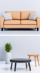 Modern Tan Sofa and Coffee Table Set Soft Light Studio Shot. AI Generated